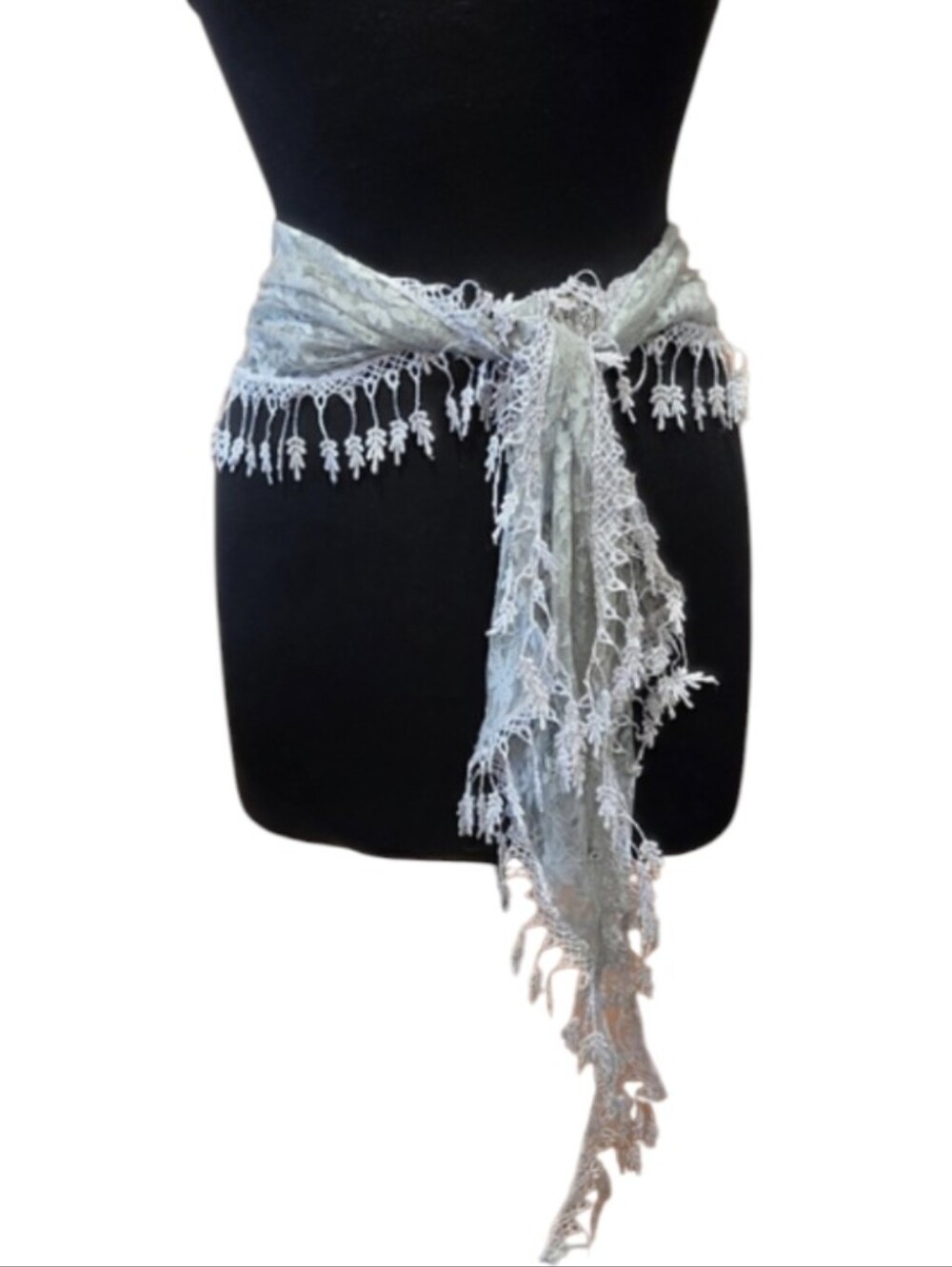 Vintage Y2K Sage Lace Fringe Scarf Boho Chic Bohemian Hippie Wrap